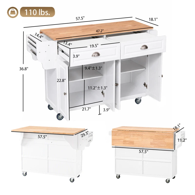 HOMCOM Rolling Kitchen Island Cart with Drop Leaf, Kitchen Cart on Wheels with Wood Top, White(m-3)