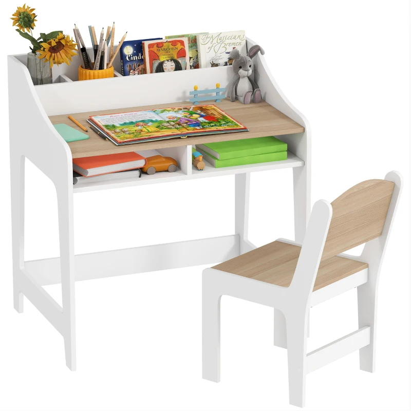 Qaba Kids Desk and Chair Set with Storage and Shelves, for Bedroom & Study Room, Gift for 3-8 Years Old, Natural Wood