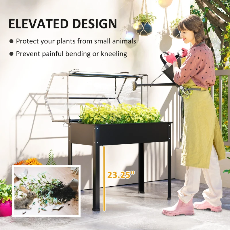 Outsunny Elevated Garden Box with Greenhouse Cover, Raised Garden Bed with Legs and Drainage Hole for Vegetables, Black