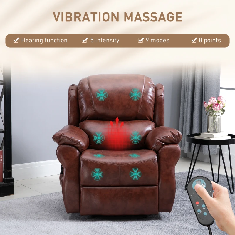 HOMCOM Vibration Massage Recliner Chair for Living Room with Heat,   Single Sofa, PU Leather Power Reclining Chair, Home Theater Seating with Footrest, Brown