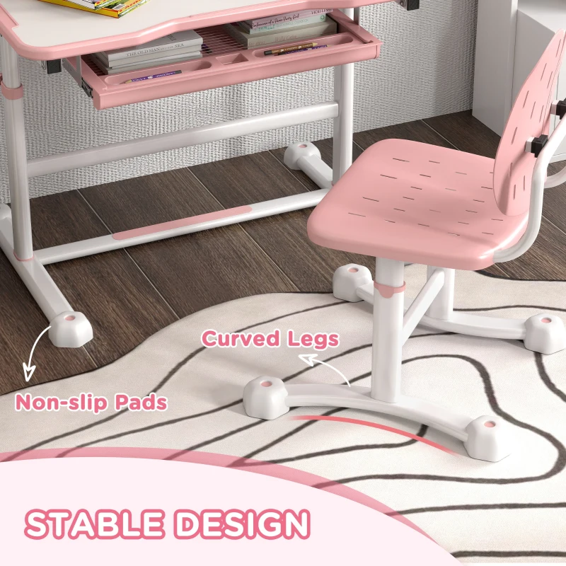 Qaba Height Adjustable Kids Desk and Chair Set with Tilt Desktop, Large Writing Board, Storage Drawer, Book Stand, Pink