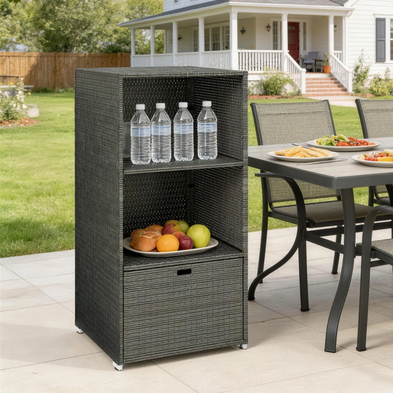 Outsunny Valet Pool Towel Rack, Water-Resistant PE Plastic Rattan Wicker Storage Organizer, 2 Shelves, 1 Basket Drawer, Dark Gray