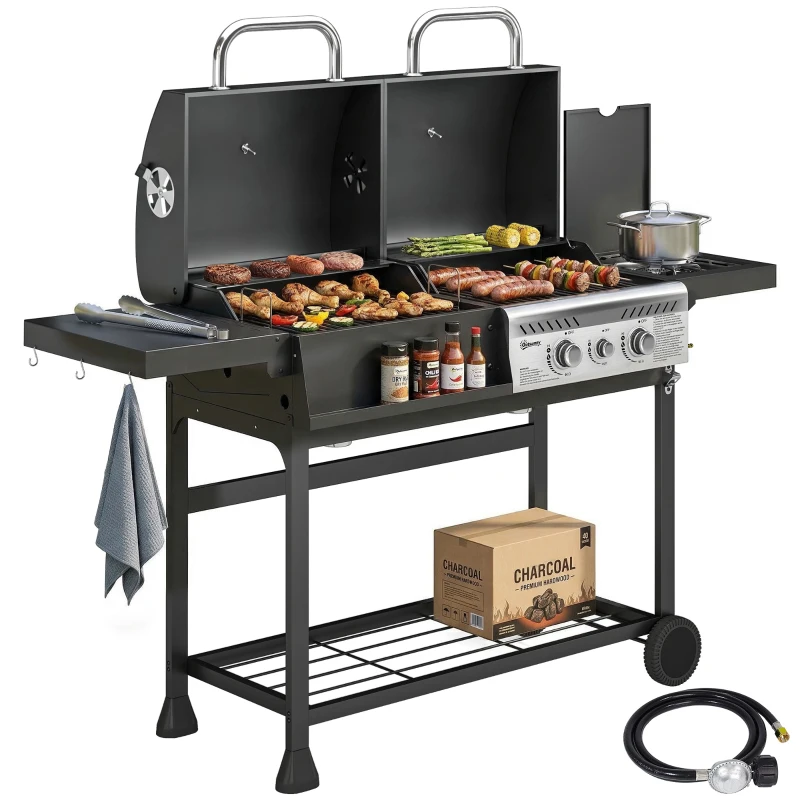 Outsunny Dual Fuel BBQ Grill, Charcoal and 2+1 Gas Burner Barbecue Grill with Wheels, Warming Rack, Black