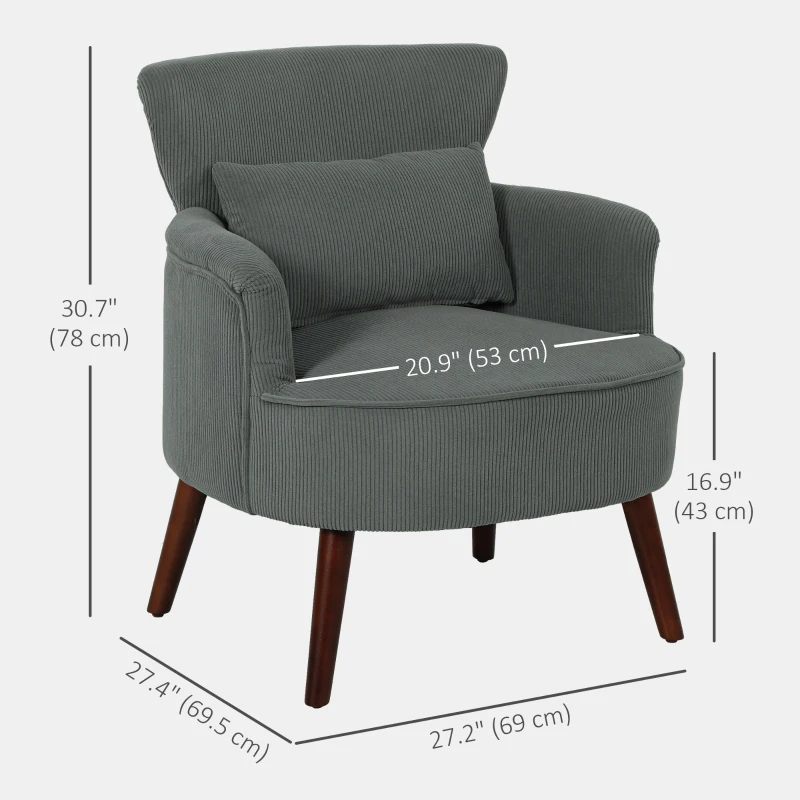 HOMCOM Modern Accent Chair, Upholstered Armchair with Solid Wood Legs and Lumbar Pillow for Living Room, Grey
