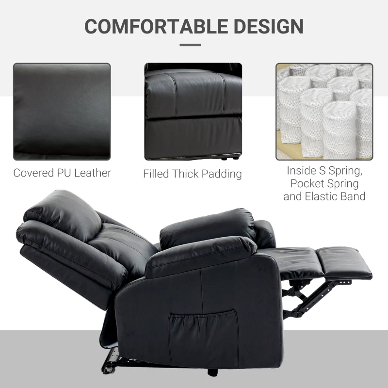 HOMCOM PU Leather Reclining Chair, Recliner Chair for Living Room with Footrest and 2 Side Pockets, Black