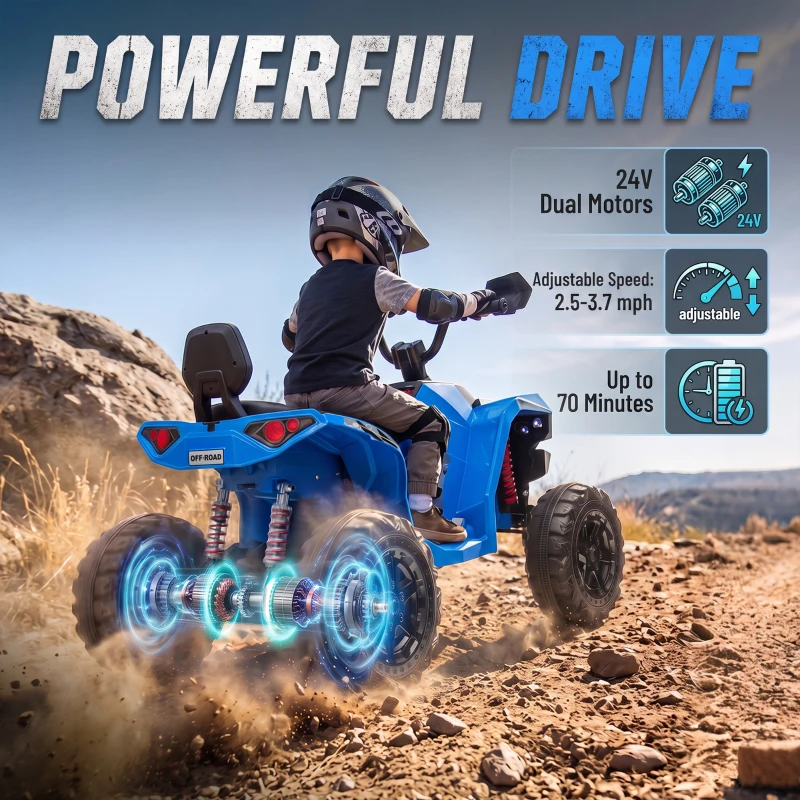 Qaba 24V 2 Seater Ride On Toys, Kids ATV 4 Wheeler with Dual Motors, High & Low Speed for Boys Girls Aged 3-8 Years, Blue