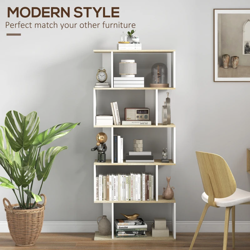 HOMCOM 5-Tier Bookshelf, Geometric S Shaped Bookcase, Tall Narrow Display Shelf for for Living Room, Study Room, White
