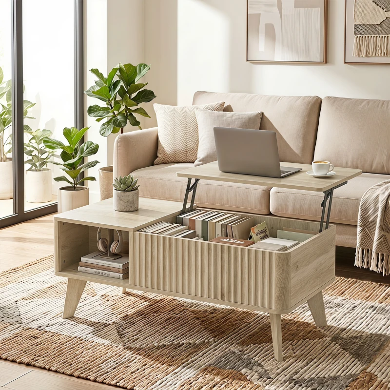 HOMCOM 40" Fluted Lift Top Coffee Table with Storage, Mid-Century Coffee Table with Hidden Compartment, Open Shelf, Oak
