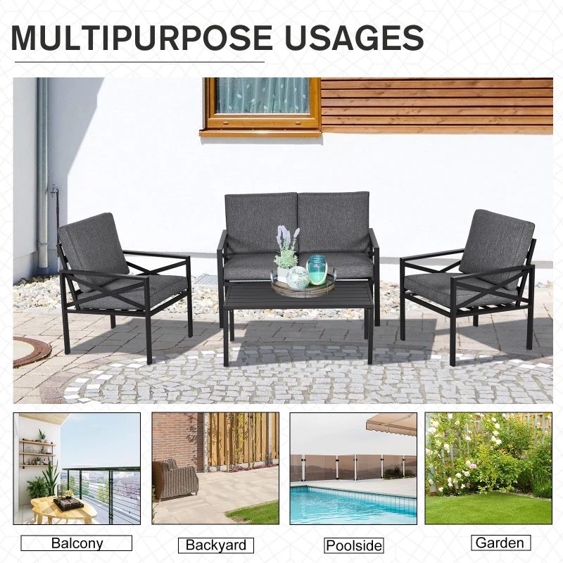 Outsunny 4-Piece Patio Furniture Set Garden Conversation Set with Soft Washable Cushions & Strong Steel Frame, Grey