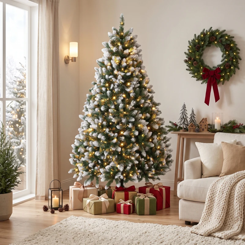 HOMCOM 6ft Pre-lit Artificial Christmas Tree White-Tipped Hinged Full Xmas Tree with 1020 Tips