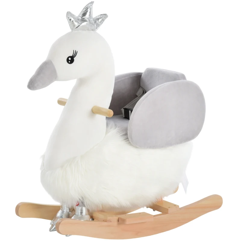 Qaba Kids Ride on Horse Swan Rocker with Sound, Plush Seat, Wooden Base, Safety Belt for Toddlers 18-36 Months, White