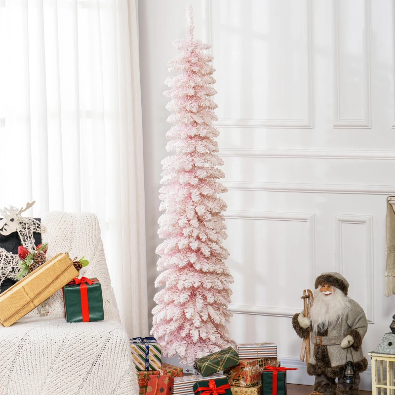 HOMCOM 6ft Snow-Flocked Artificial Christmas Tree, Slim Pencil Xmas Tree with 395 Realistic Branches, Metal Base, Pink