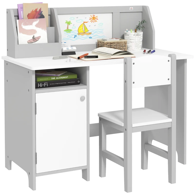 Qaba Toddler Table and Chair Set, Kids Writing Desk Homework Table with Whiteboard, Storage Cabinet, Gray