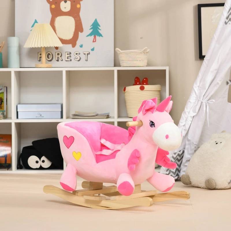 Qaba Baby Rocking Horse, Plush Animal Rocker Unicorn with Sound, Handle Grip for 18-36 Months, Pink