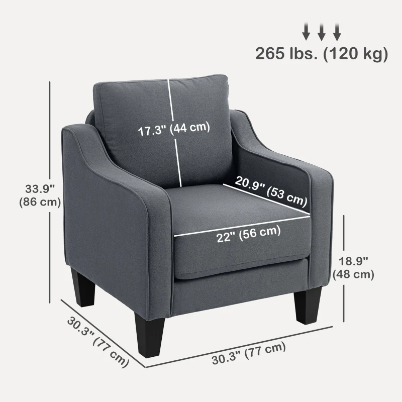 HOMCOM Armchair, Modern Accent Chair with Pocket Spring, Linen Upholstered, Thick Padded, Charcoal Grey