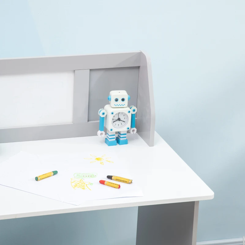 Qaba Toddler Table and Chair Set, Kids Writing Desk Homework Table with Whiteboard, Storage Cabinet, Gray