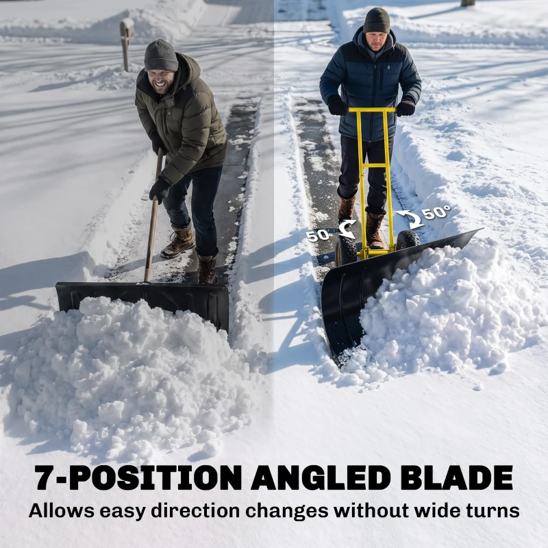 Outsunny Snow Shovel with Wheels, 29" Metal Snow Pusher with Adjustable Handle, 7-Angle Blade, Wear Strip for Driveway, Yellow