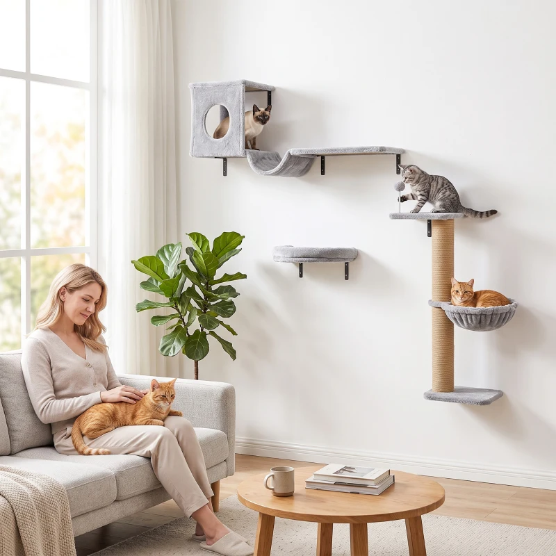 PawHut 3-In-1 Cat Wall Shelves with Condo, Bed, Hammock, Scratching Post and Spring Ball, Gray