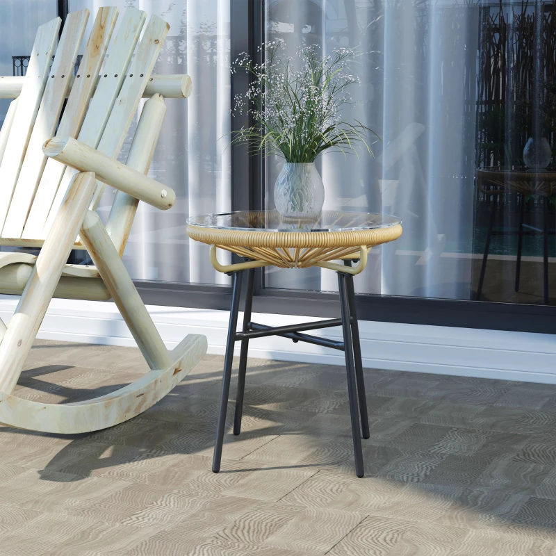 Outsunny Rattan Side Table, Round Outdoor Table, with Round PE Rattan and Tempered Glass Table Top for Patio, Garden, Beige