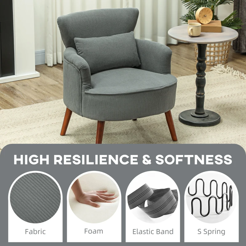 HOMCOM Modern Accent Chair, Upholstered Armchair with Solid Wood Legs and Lumbar Pillow for Living Room, Grey