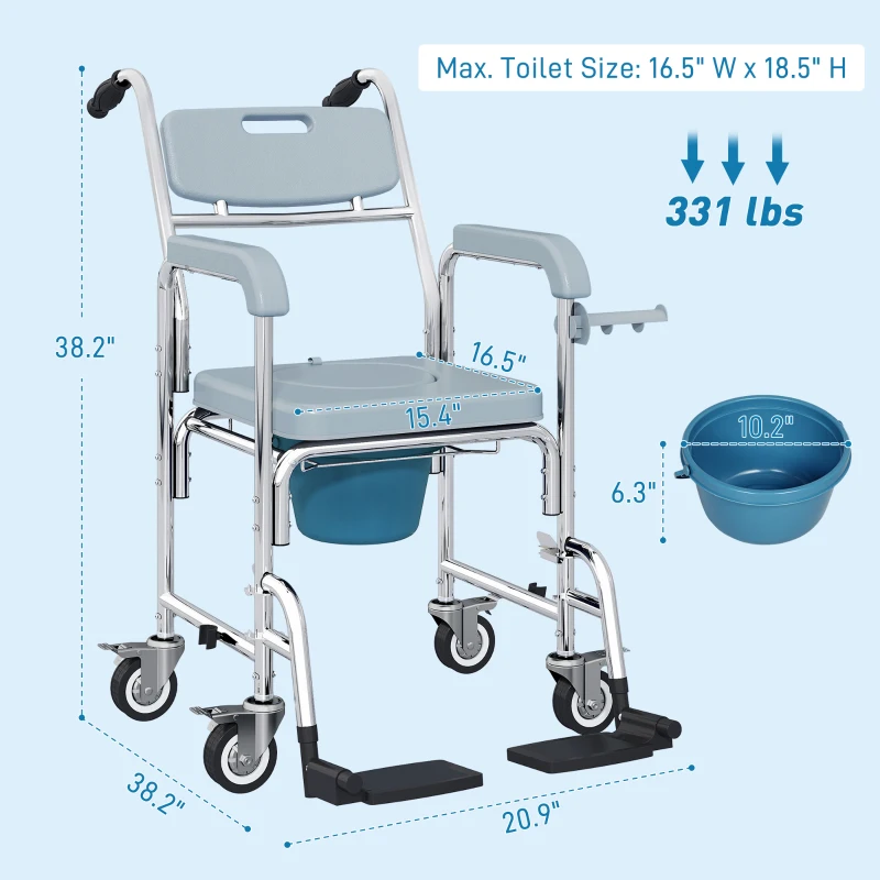 HOMCOM Rolling Shower Wheelchair for Seniors, Bedside Commode Chair with Locking Wheels, Seat, Backrest, Arms, Gray