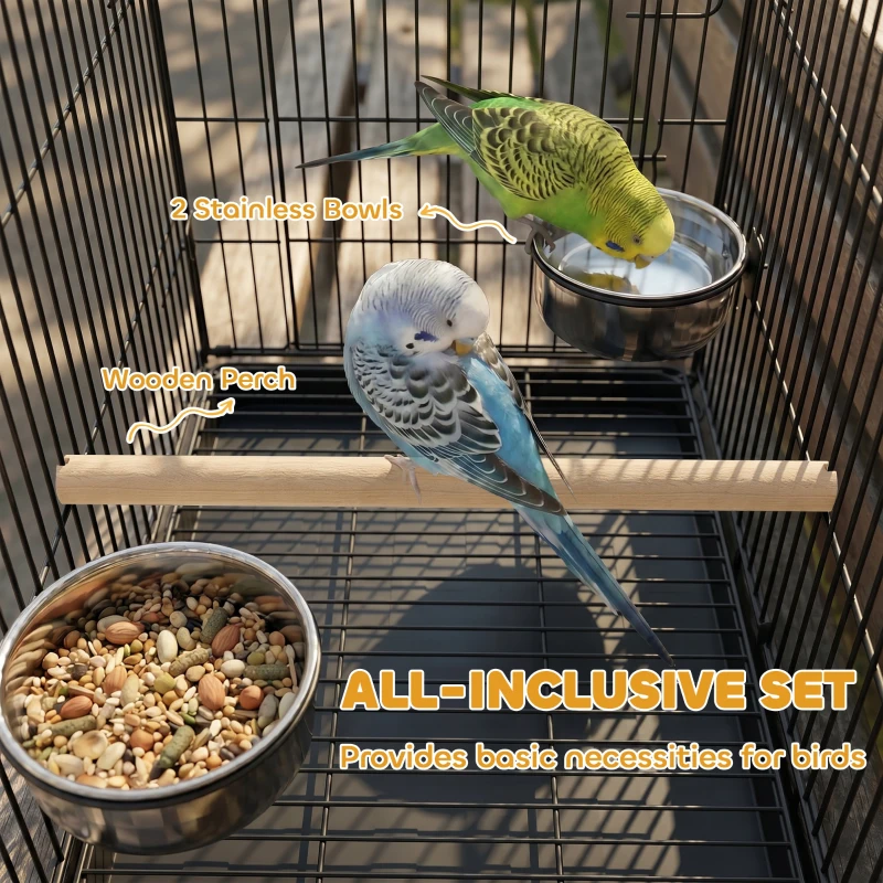 PawHut Bird Cage Portable w/ Slide-Out Tray Travel Cage for Parakeets w/ Perch & Food Bowls Black