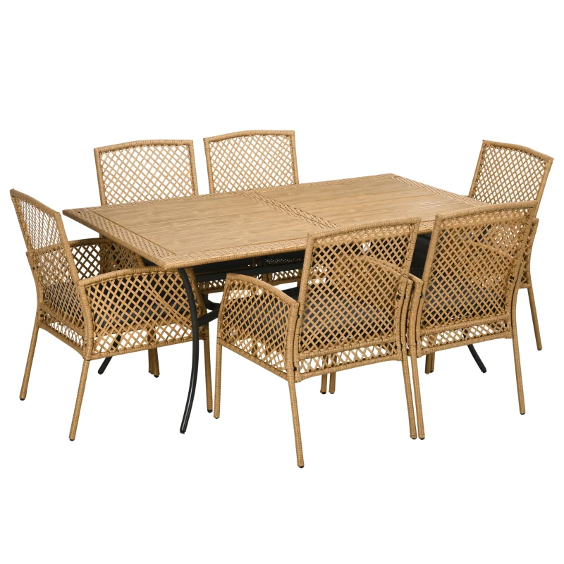 Outsunny 7 Pieces Outdoor Dining Set for 6, Wicker Rattan Patio Furniture Set, Patio Table and Chairs Set with Cushions, Plastic Wood Table Top, Conversation Set for Garden, Backyard, Deck, Tan