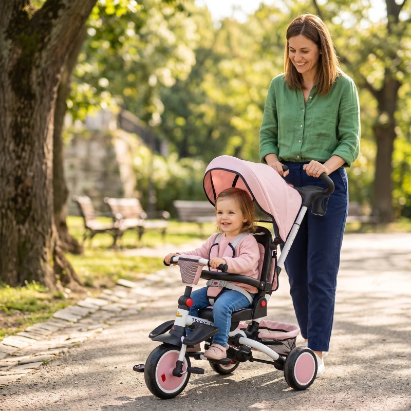 Qaba 6 in 1 Toddler Tricycle for 1-5 Years Old with Push Handle, Removable Canopy, Rotatable Seat, Pink