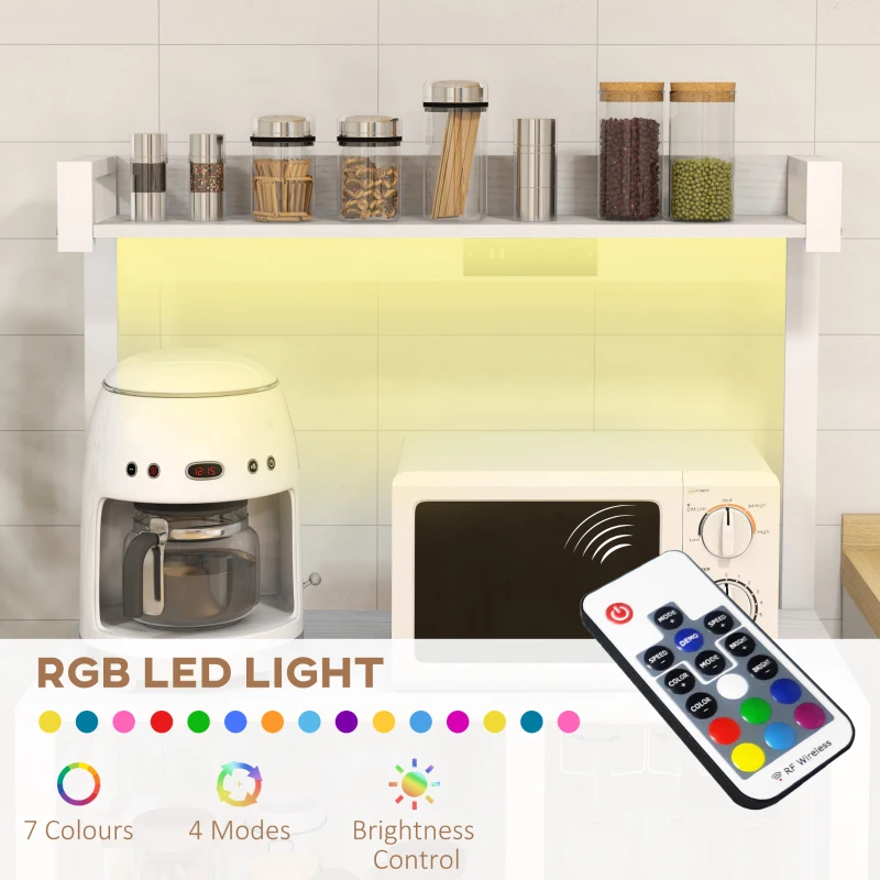 HOMCOM Industrial Kitchen Bakers Rack with Charging Station, RGB Lights, Glass Holders and Open Shelves, White