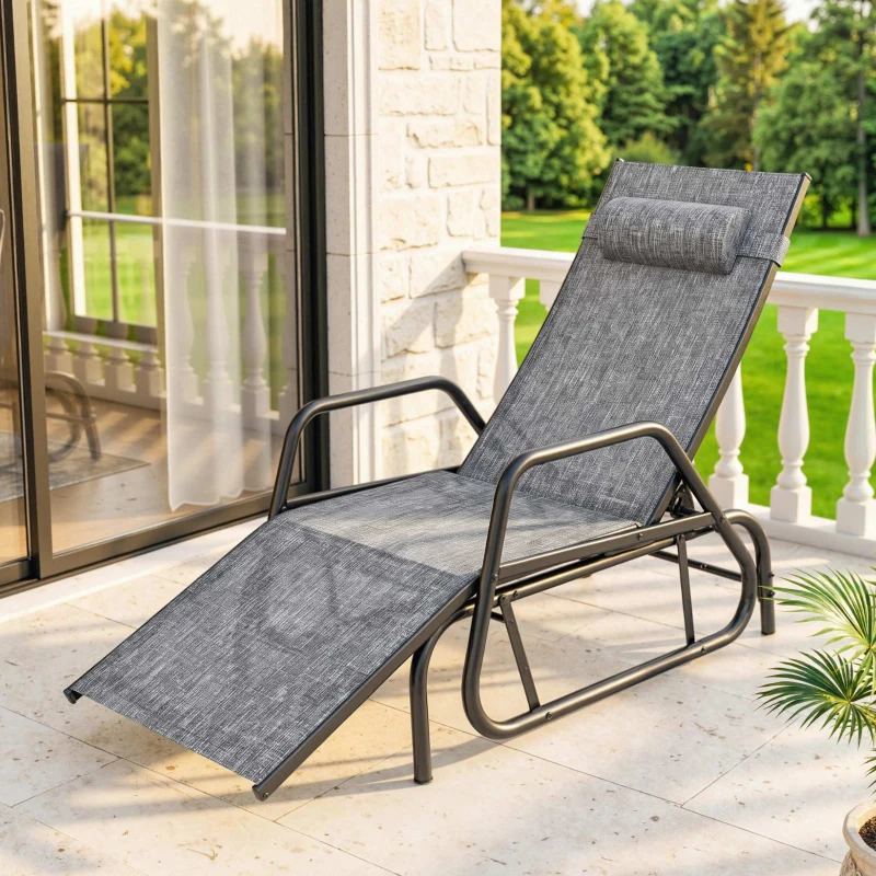 Outsunny Outdoor Glider Lounge Chair, 3-Position Adjustable Tanning Chair Recliner with Headrest for Garden, Yard, Pool, Grey