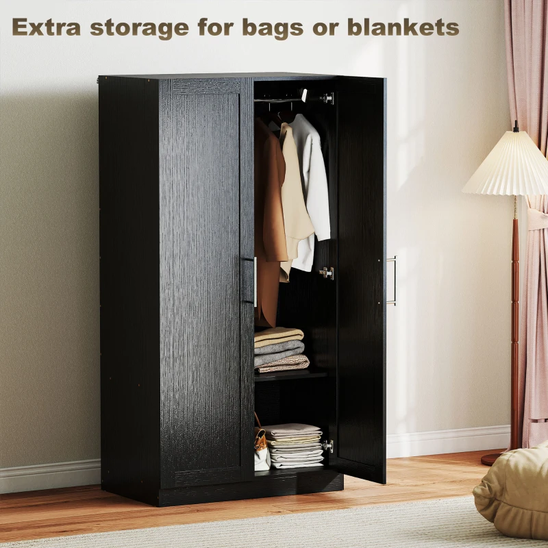 HOMCOM Wardrobe Cabinet with 2 Doors and Hanging Rod, Modern Armoire Wardrobe Closet for Bedroom, Black Wood Effect