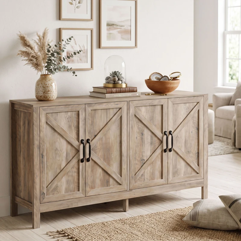 HOMCOM Sideboard Buffet, Storage Cabinet with Barn Door and Adjustable Shelf, TV Stand for TVs up to 65 Inches, Light Grey