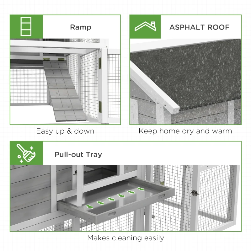 PawHut Wooden Chicken Coop with Run for 3 - 4 Chickens, Hen House with Nesting Box, Removable Tray, Outdoor Poultry Cage, 77.5" x 32.5" x 46", Light Gray