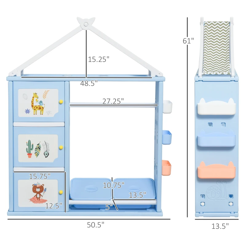 Qaba Kids Dress Up Storage, Multifunctional Kids Wardrobe Closet Hanging Rack Built for Kids Bedroom Storage, Featuring Bins, Cabinets, Top Shelf, and Drop-In Shelves, Blue