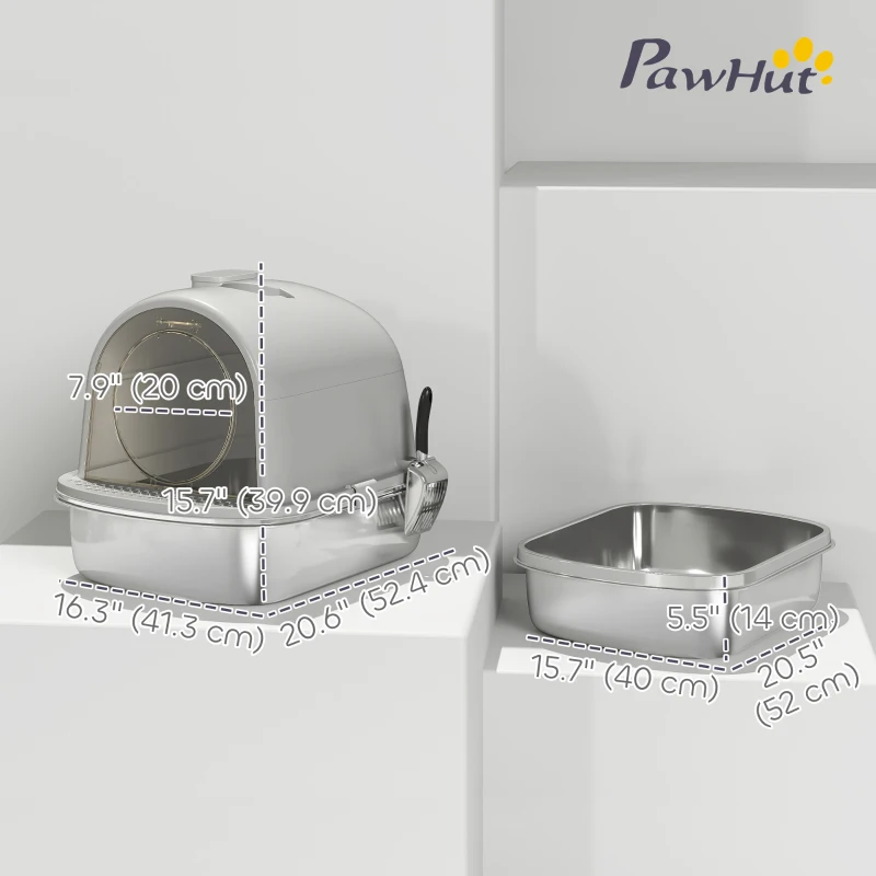 PawHut Enclosed Stainless Steel Litter Box, Metal Cat Litter Box with Scoop, Deodorizer Bag, Handle, Easy to Clean