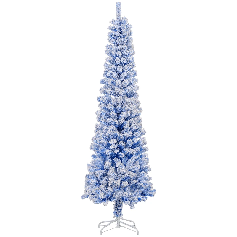 HOMCOM 6ft Flocked Christmas Tree, Pencil Christmas Tree with Realistic Branch Tips, Folding Metal Stand, Blue