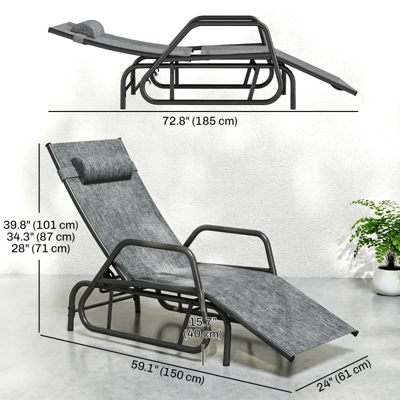 Outsunny Outdoor Glider Lounge Chair, 3-Position Adjustable Tanning Chair Recliner with Headrest for Garden, Yard, Pool, Grey