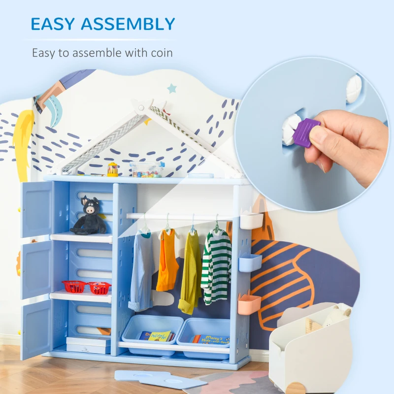 Qaba Kids Dress Up Storage, Multifunctional Kids Wardrobe Closet Hanging Rack Built for Kids Bedroom Storage, Featuring Bins, Cabinets, Top Shelf, and Drop-In Shelves, Blue