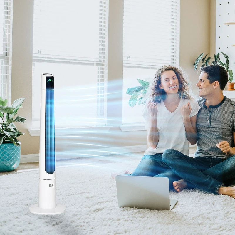 HOMCOM 38 Inch Tower Fan for Bedroom Cooling, 70°Oscillating Fan with 3 Speeds, 12H Timer, and Remote Control, Standing Floor Fan for Home Office, White