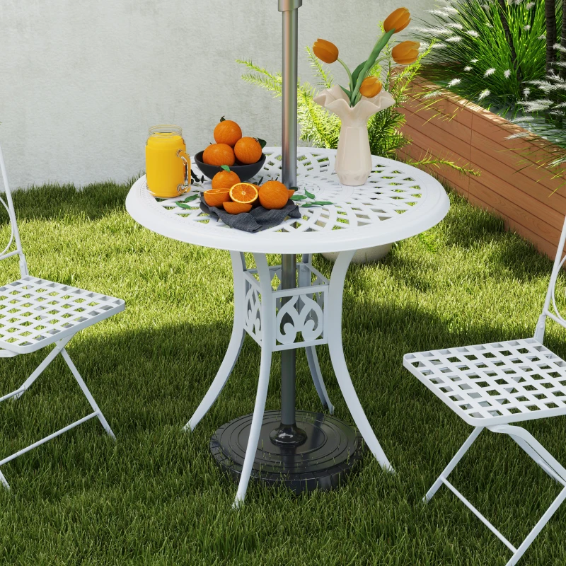Outsunny 30-inch Round Patio Dining Table with Umbrella Hole Cast Aluminium Outdoor Bistro Table, White