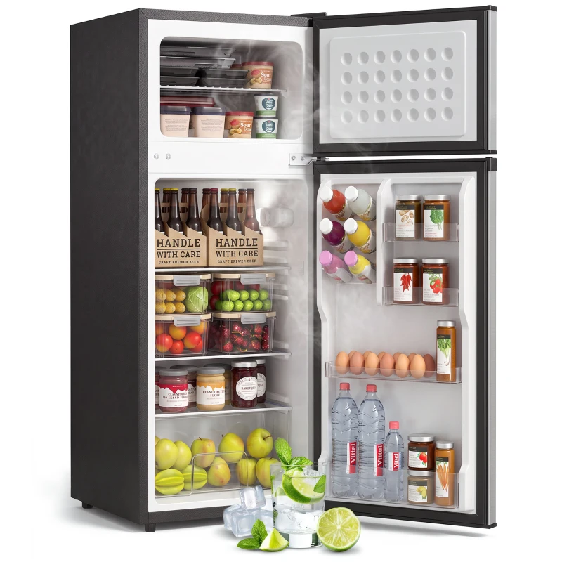 HOMCOM 7.7 Cu. Ft. Mini Fridge with Freezer, Compact Refrigerator with Adjustable Thermostat, Reversible Door, Silver