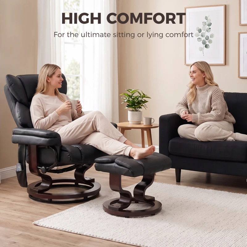 HOMCOM Massage Recliner Chair with Footrest, Swivel Armchair, Wrapped Wood Base, 10 Massage Points, Faux Leather, Black
