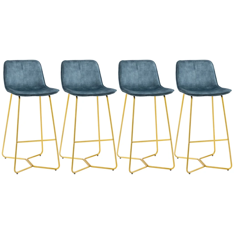 HOMCOM Bar Height Bar Stools, Velvet-Touch Fabric Bar Chairs, 30.25" Seat Height Stools with Gold-Tone Metal Legs for Dining Area, Home Bar, Set of 4, Blue