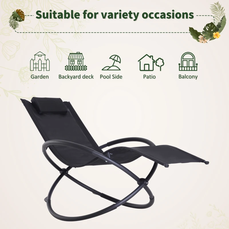 Outsunny Outdoor Rocking Lounge Chair, Foldable Zero Gravity Rocking Chair, Orbital Outdoor Patio Chaise Lounge Rocker with Mesh Seat and Pillow, Black