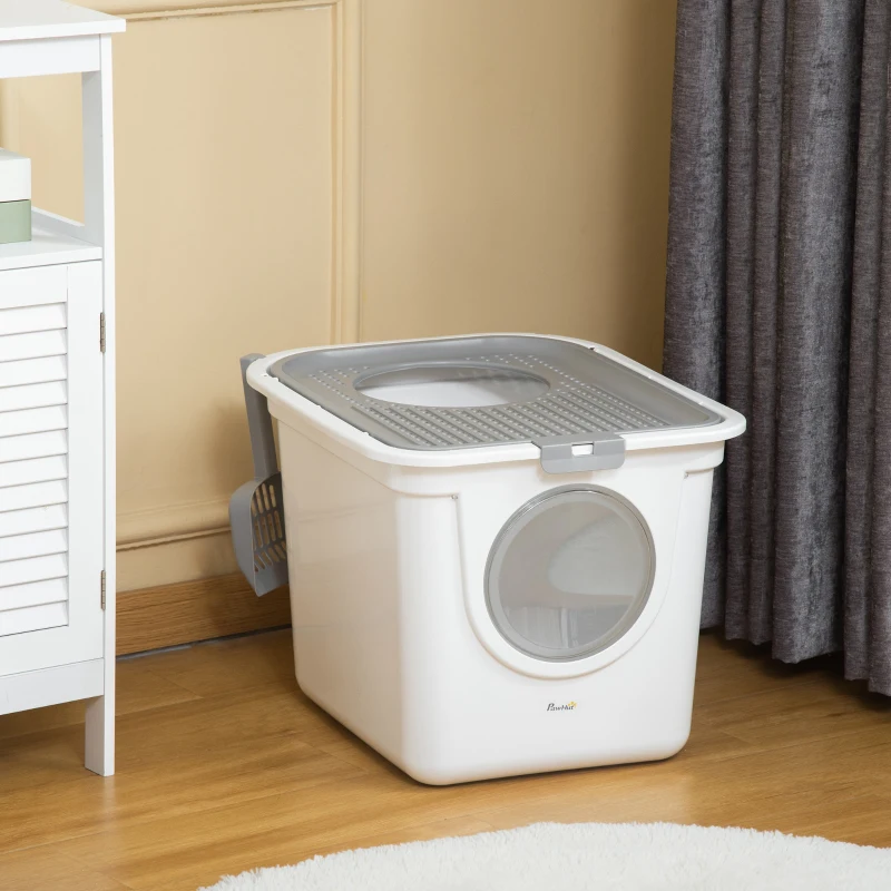 PawHut Covered Cat Litter Box, Easy Cleaning Kitty Litter Box with Front Entrance, Top Exit, Scoop, for Odor Control, White