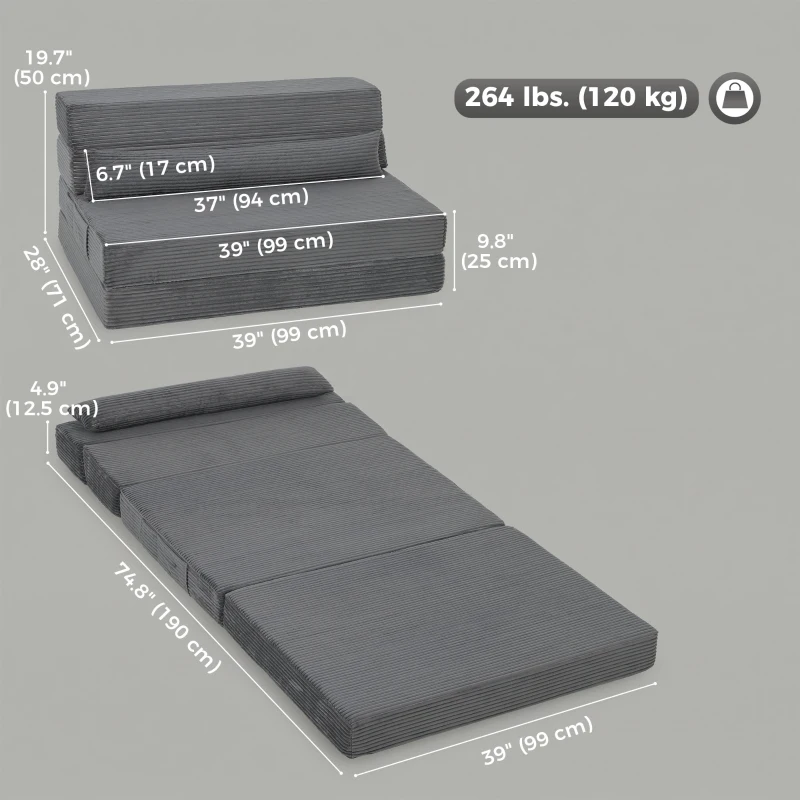 HOMCOM Floor Chair with Back Support Four-Fold Floor Gaming Chair Side Pockets Pillow Floor Seat Sofa Bed, Dark Grey