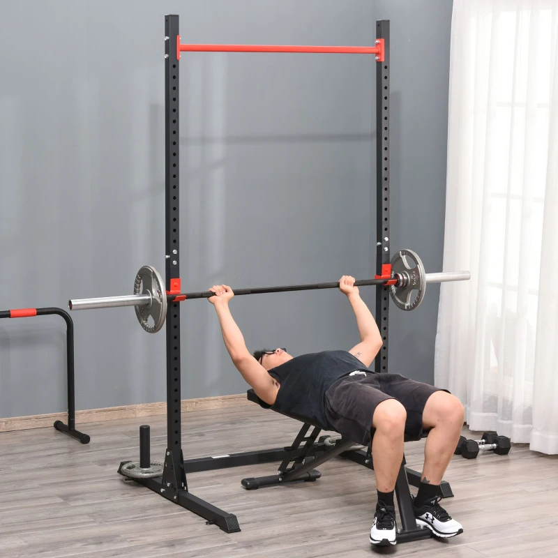 Soozier Adjustable Barbell Power Rack Squat Stand Strength Training Fitness Pull Up Weight Cage Home Gym Black