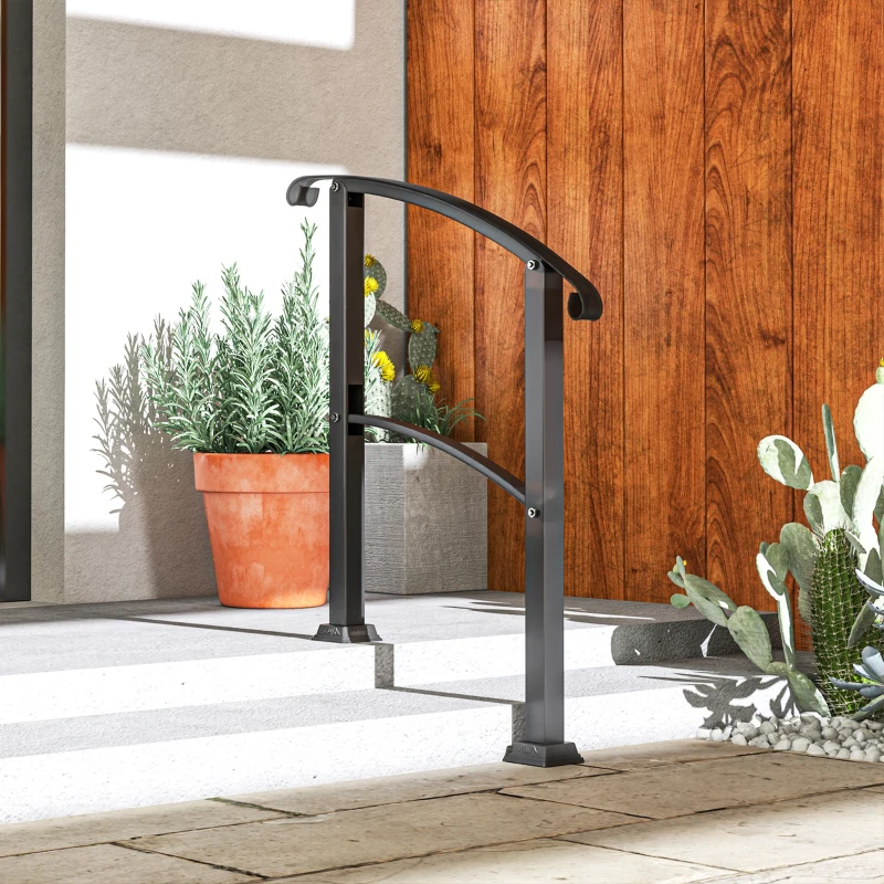 Outsunny 1-3 Step Metal Handrails for Outdoor Steps, Porch Deck Stair Railing with Installation Kit for Concrete Steps, Black