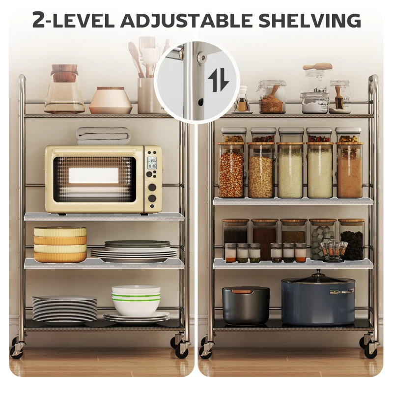 HOMCOM 4 Tier Stainless Steel Rolling Cart with Adjustable Shelves, Utility Cart on Wheels with Handles for Kitchen, Silver