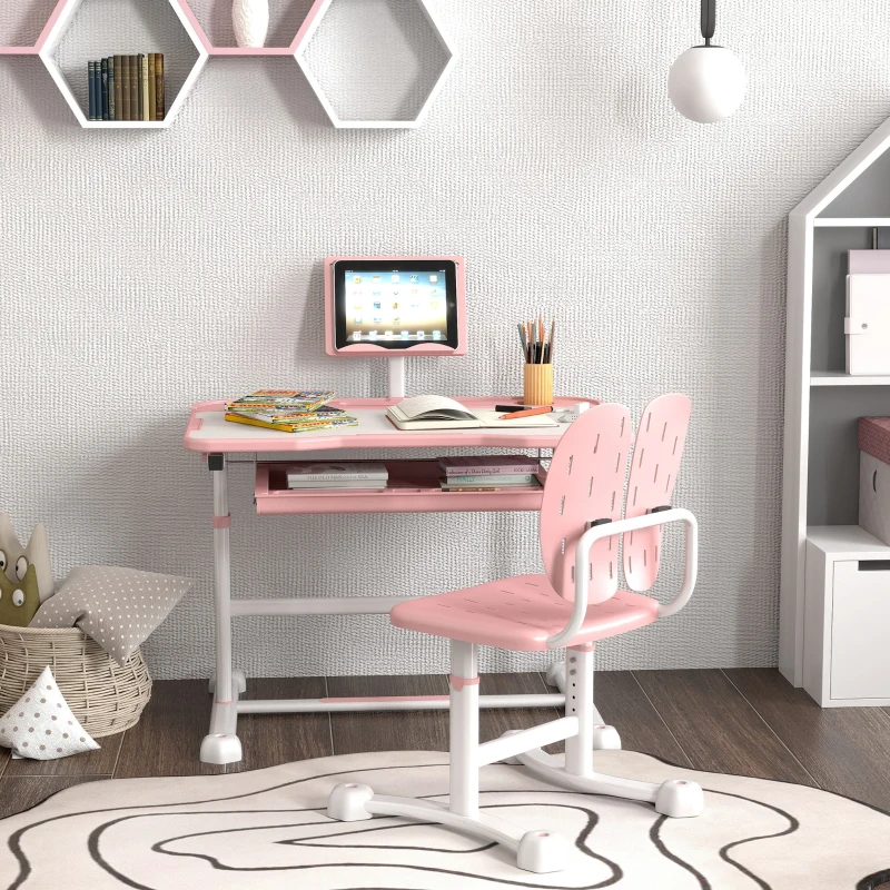 Qaba Adjustable Kids Desk and Chair Set with Tilt Desktop & Storage, Pink